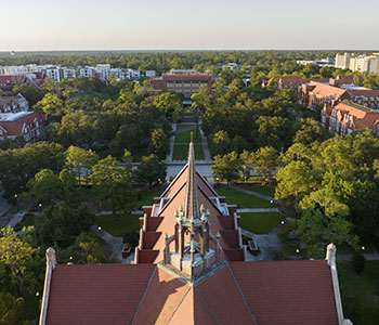 Aerial view of campus and University Auditorium